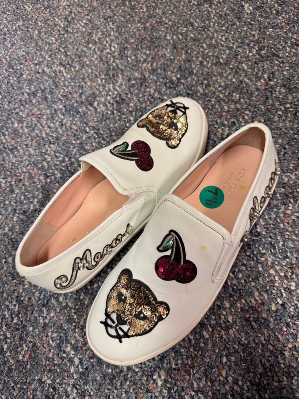 Kate Spade Meow Cat White Leather Sequin Embellished Slip-On Sneakers